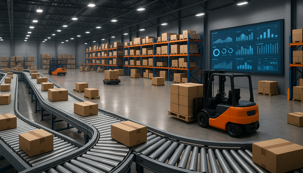 "Automated warehouse with conveyor belts and robotic forklifts under bright lights, embodying lean vs. agile supply chain principles."
