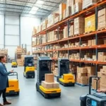 Workers using barcode scanners and AGVs in a well-stocked, bustling warehouse.