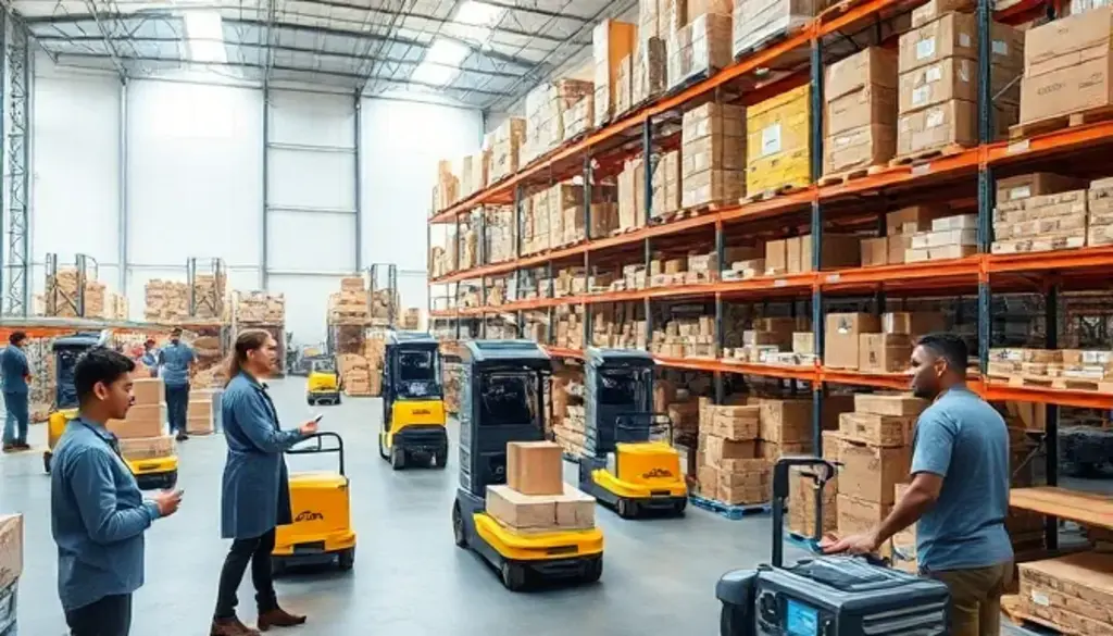 Workers using barcode scanners and AGVs in a well-stocked, bustling warehouse.
