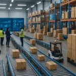 "Modern supply chain warehouse showing robotic forklifts and real-time inventory screens."