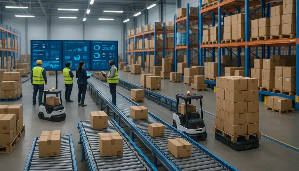 "Modern supply chain warehouse showing robotic forklifts and real-time inventory screens."