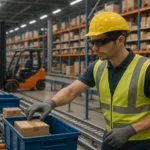 "Human using augmented reality for piece picking in a modern, automated warehouse."