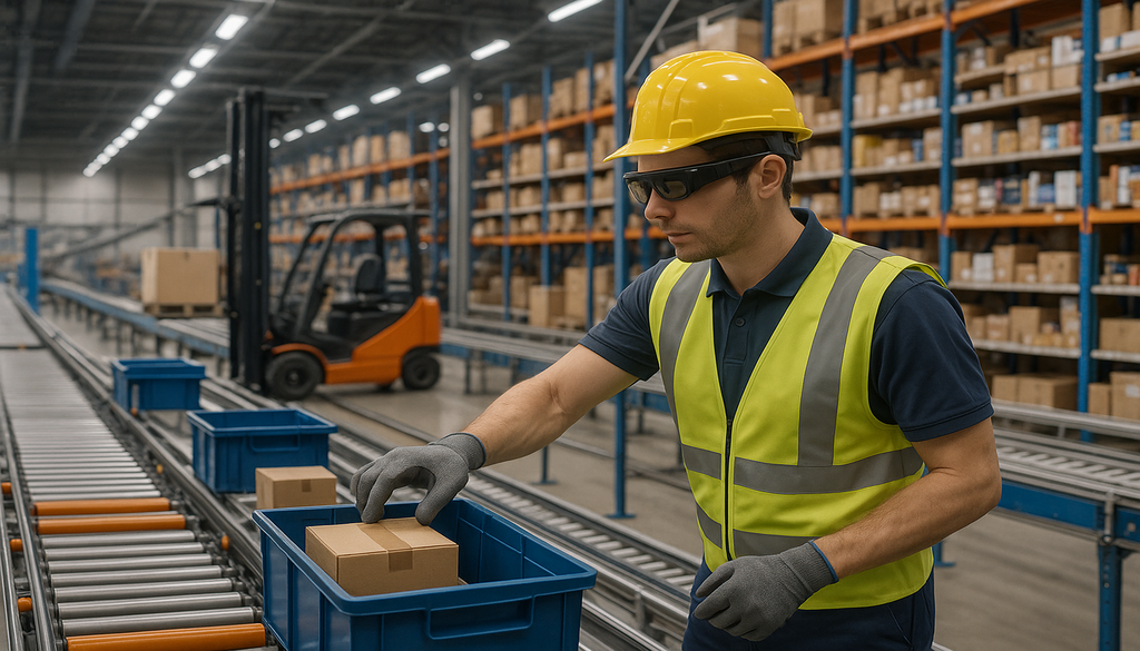 "Human using augmented reality for piece picking in a modern, automated warehouse."