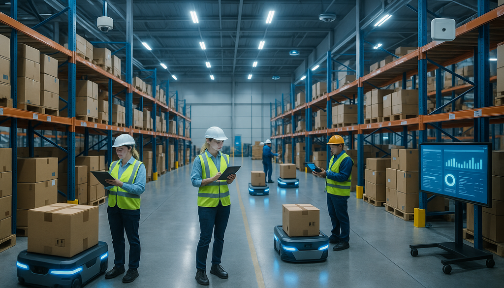 "Modern WMS in action with robots and workers in a well-lit, high-tech warehouse."