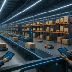 "Wide-angle view of a modern warehouse using optimization software, featuring automated systems and workers with tablets."
