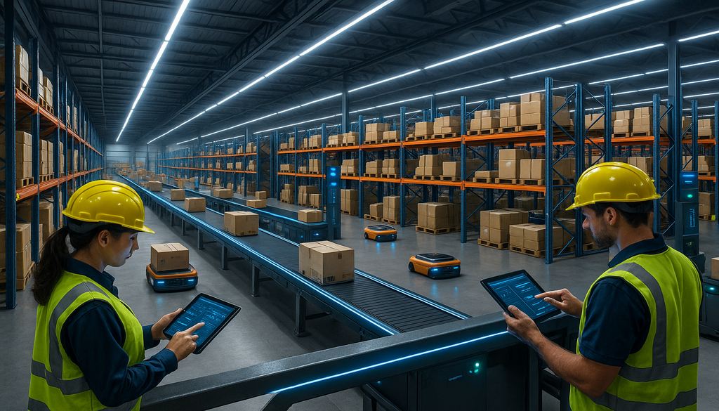 "Wide-angle view of a modern warehouse using optimization software, featuring automated systems and workers with tablets."