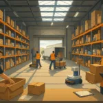 "Workers and robot prepare orders in a vibrant, modern warehouse enhancing customer experience."