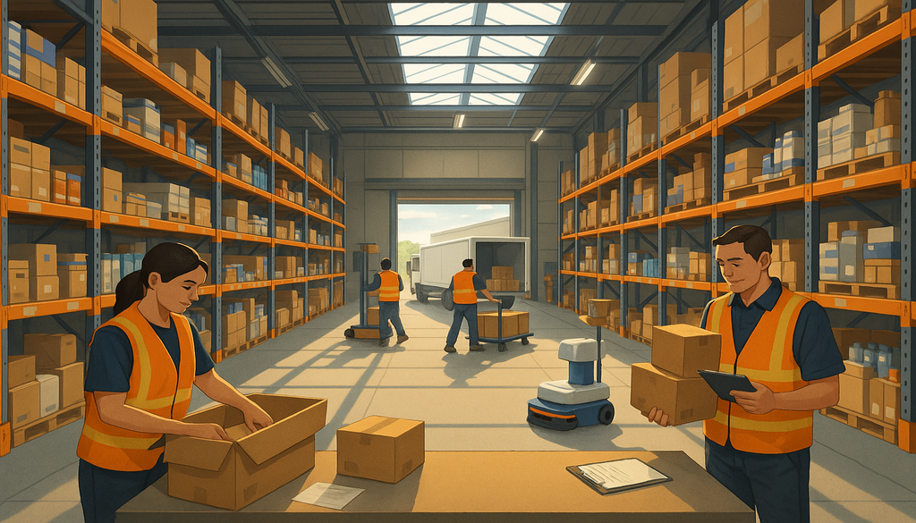 "Workers and robot prepare orders in a vibrant, modern warehouse enhancing customer experience."