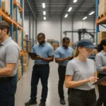 "Workers using barcode scanners for inventory reconciliation in a modern warehouse."