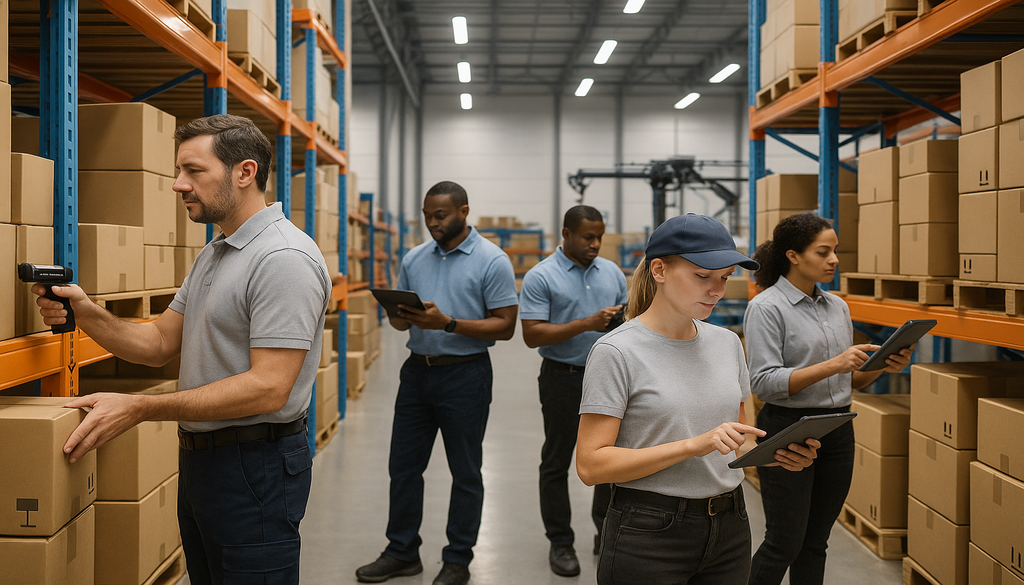 "Workers using barcode scanners for inventory reconciliation in a modern warehouse."