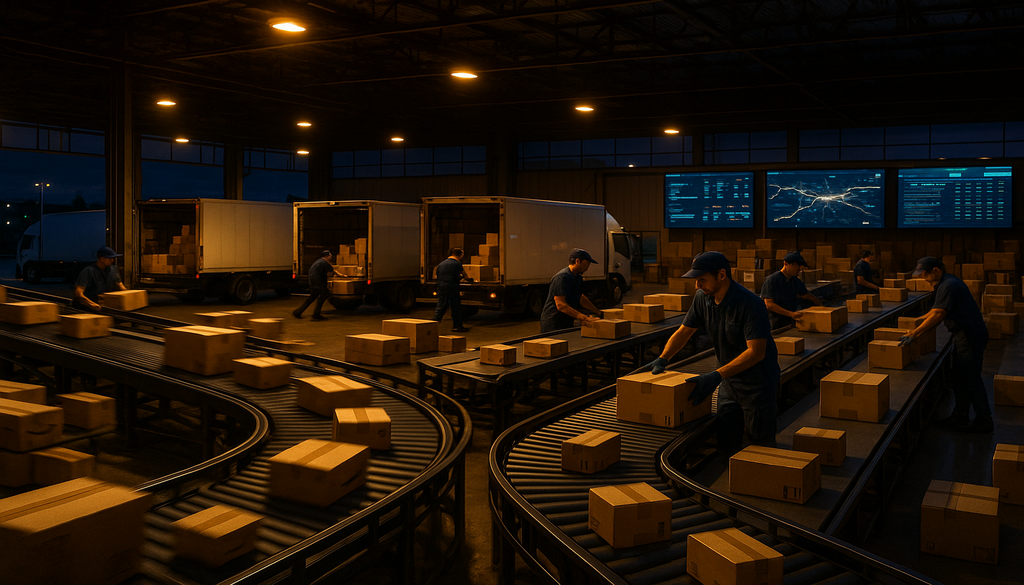 "Logistics warehouse at dusk with automated belts and workers loading trucks for expedited shipping."
