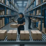"Modern warehouse with workers scanning products and conveyor belt moving boxes, illustrating efficient lot meaning in inventory management."
