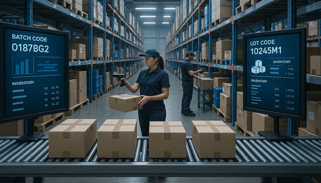 "Modern warehouse with workers scanning products and conveyor belt moving boxes, illustrating efficient lot meaning in inventory management."