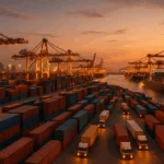 Golden-hour view of a busy international shipping port with cargo ships and trucks, highlighting tariffs supply and demand.