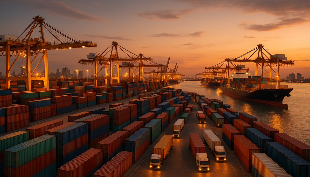 Golden-hour view of a busy international shipping port with cargo ships and trucks, highlighting tariffs supply and demand.