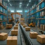 "Modern warehouse interior with automated systems and workers scanning products for inventory turnover management."