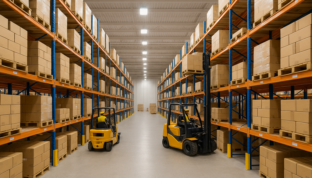 Organized warehouse with efficient inventory levels and clear aisles demonstrating optimized turnover.