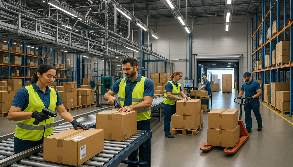 Efficient warehouse receiving and shipping operations with modern automation for faster turnover.
