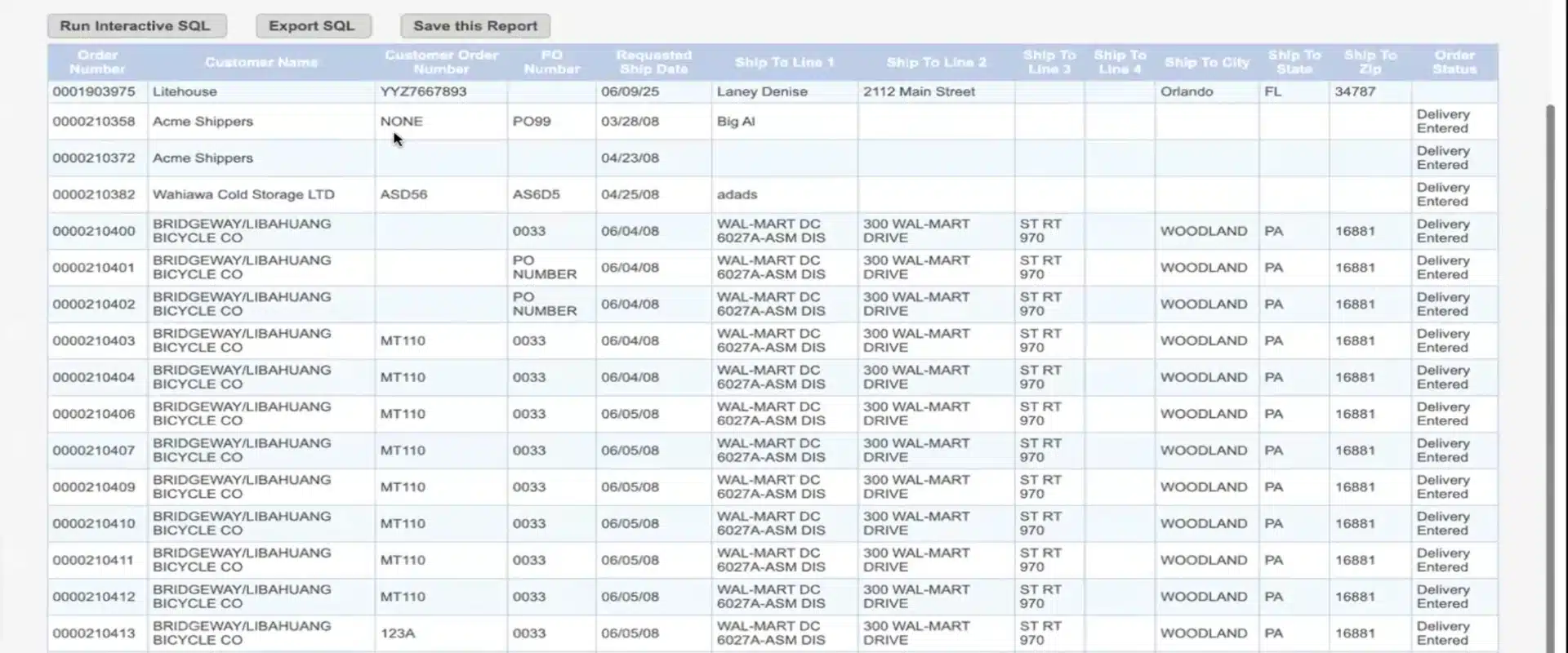 screenshot of open order report