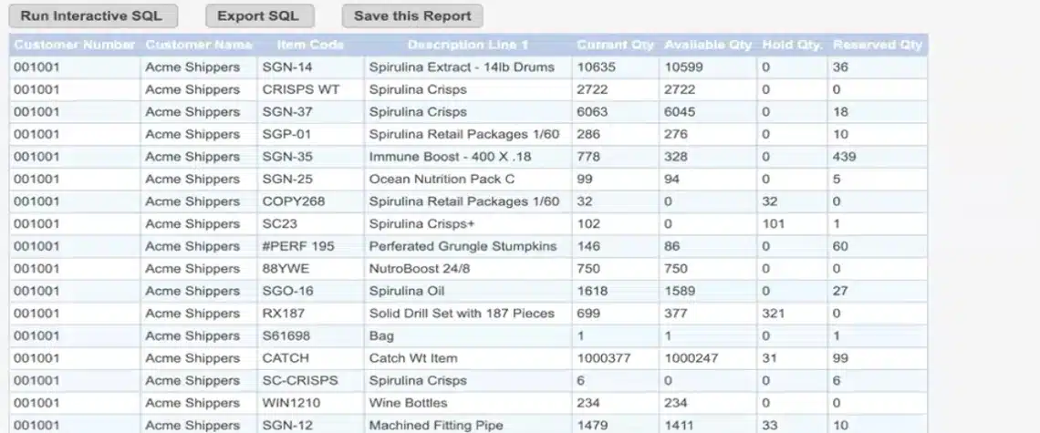 screenshot of open order report