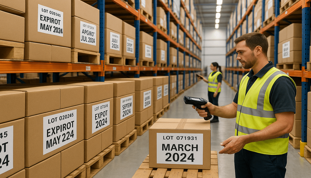 Warehouse staff using scanners to track lot numbers on organized pallets.