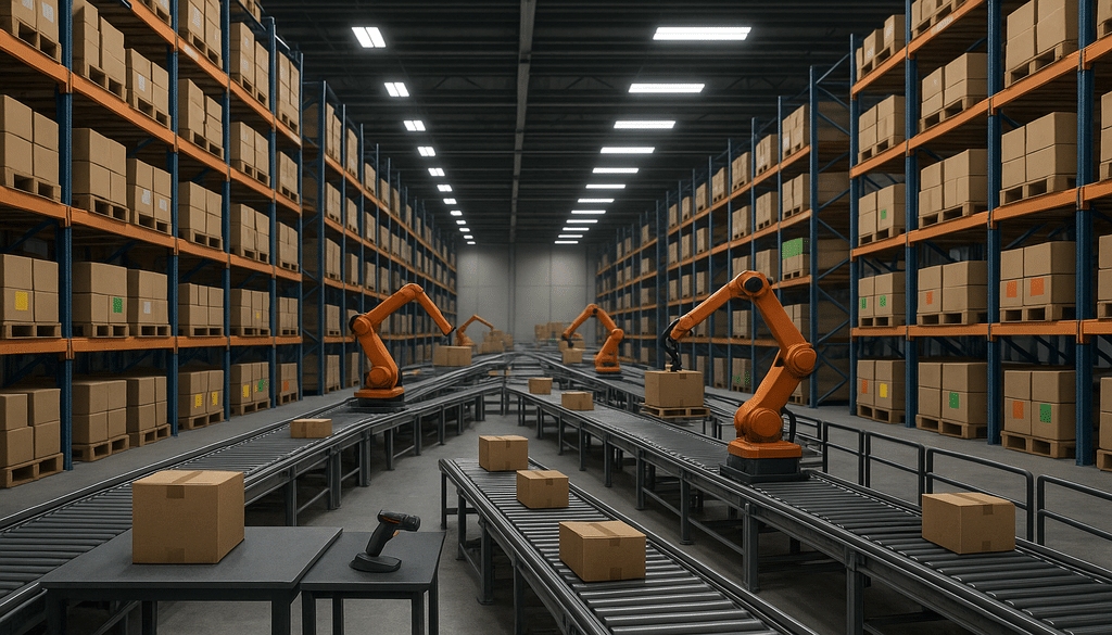 "Modern warehouse with lot number inventory tracking on boxes and pallets, automated sorting systems in action."