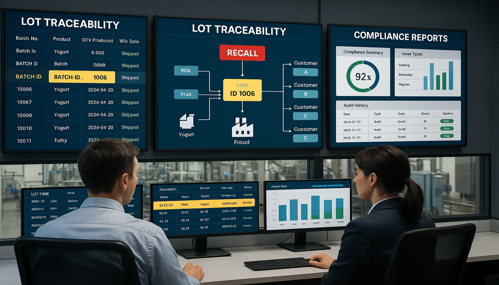 Control room operators reviewing digital lot traceability and recall data for compliance.