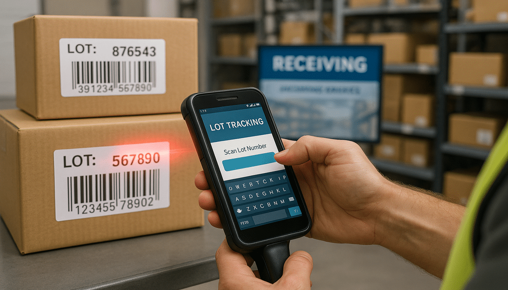Worker scanning barcoded lot numbers with mobile device in warehouse receiving area.