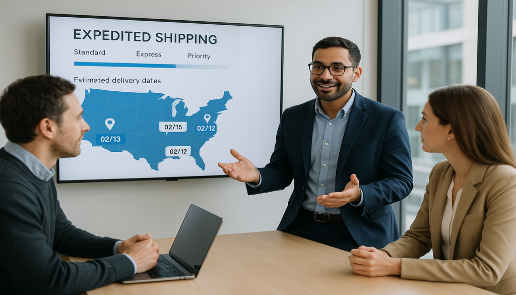Business team discussing expedited shipping delivery map with estimated dates across US regions
