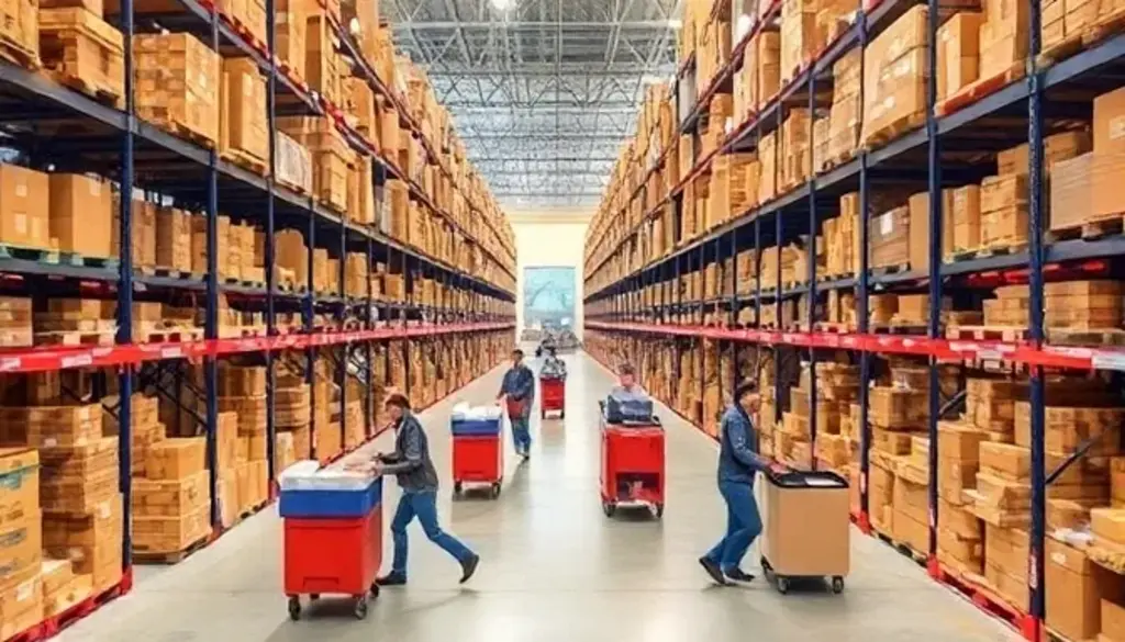 Warehouse workers pulling red carts down organized pick paths between tall storage racks