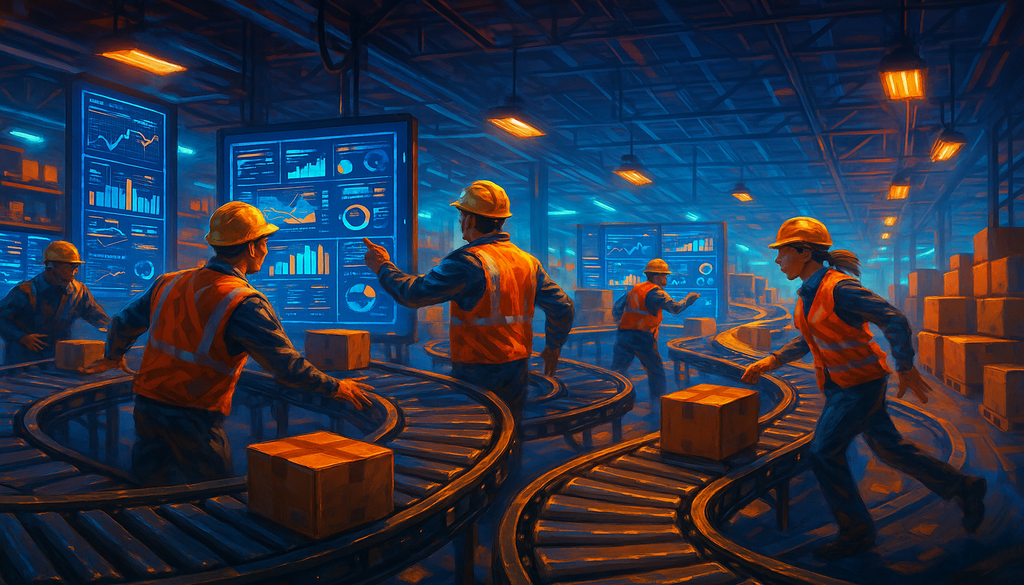 Workers in modern warehouse facility with digital analytics dashboards and conveyor systems