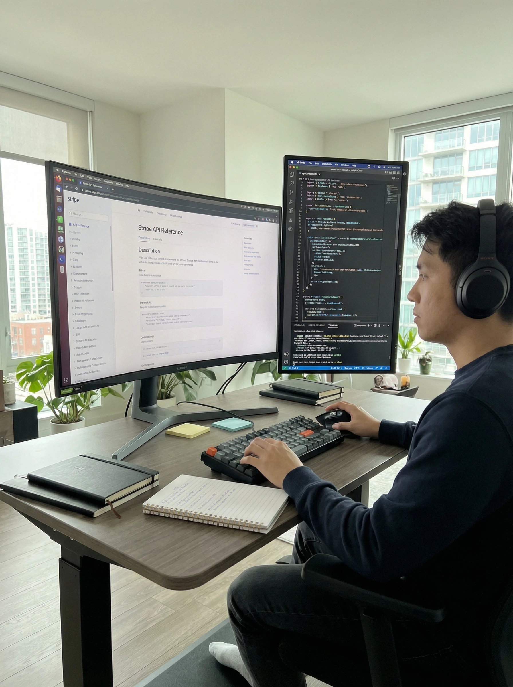 Software developer reviewing API documentation on screen with code editor
