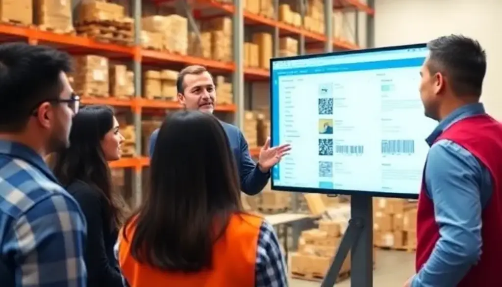Team meeting in warehouse discussing barcode inventory system implementation on computer screen