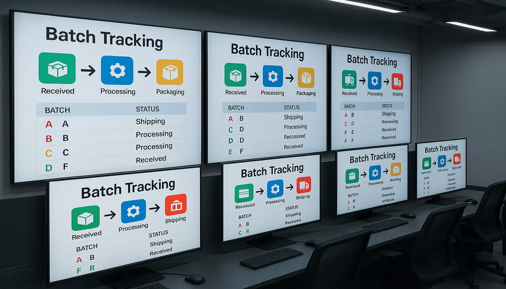 Multiple computer monitors displaying batch tracking systems with workflow stages and status updates