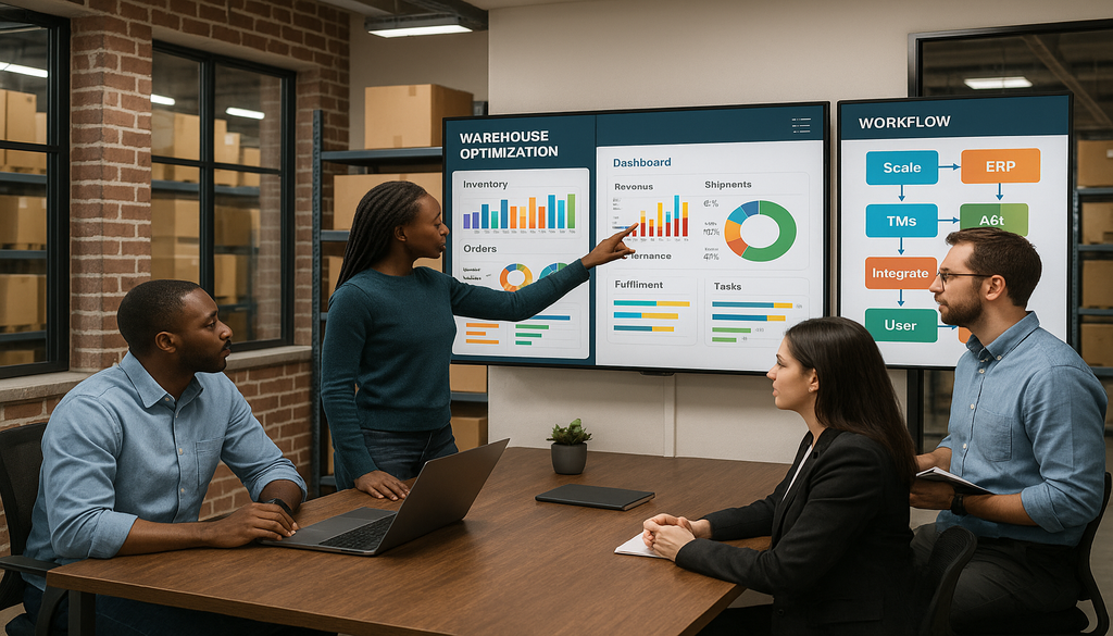 Business team discussing warehouse optimization software dashboards and workflow systems in meeting room