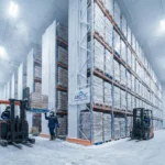 Modern cold storage warehouse interior with refrigerated shelving units and industrial freezer equipment