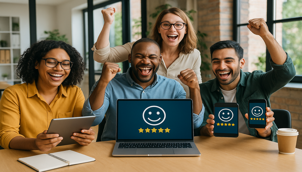 Diverse team celebrating positive customer feedback ratings with smiley faces and five stars