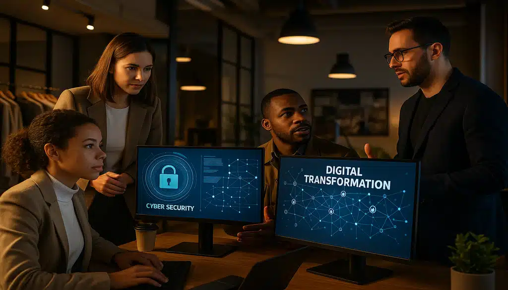 Business professionals discussing digital transformation and cybersecurity on computer monitors in modern office