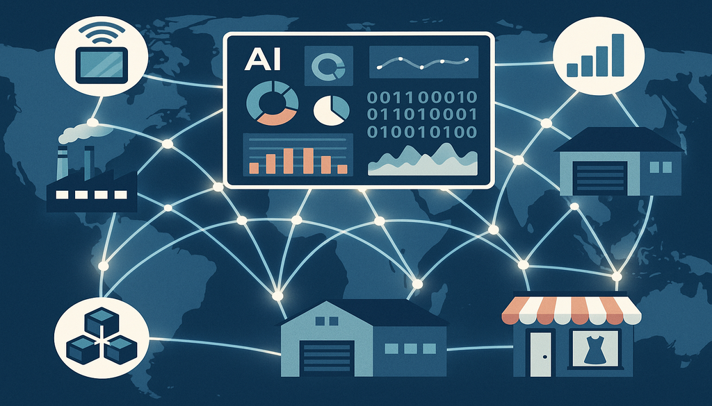 AI dashboard displaying connected fashion supply chain data across global network map