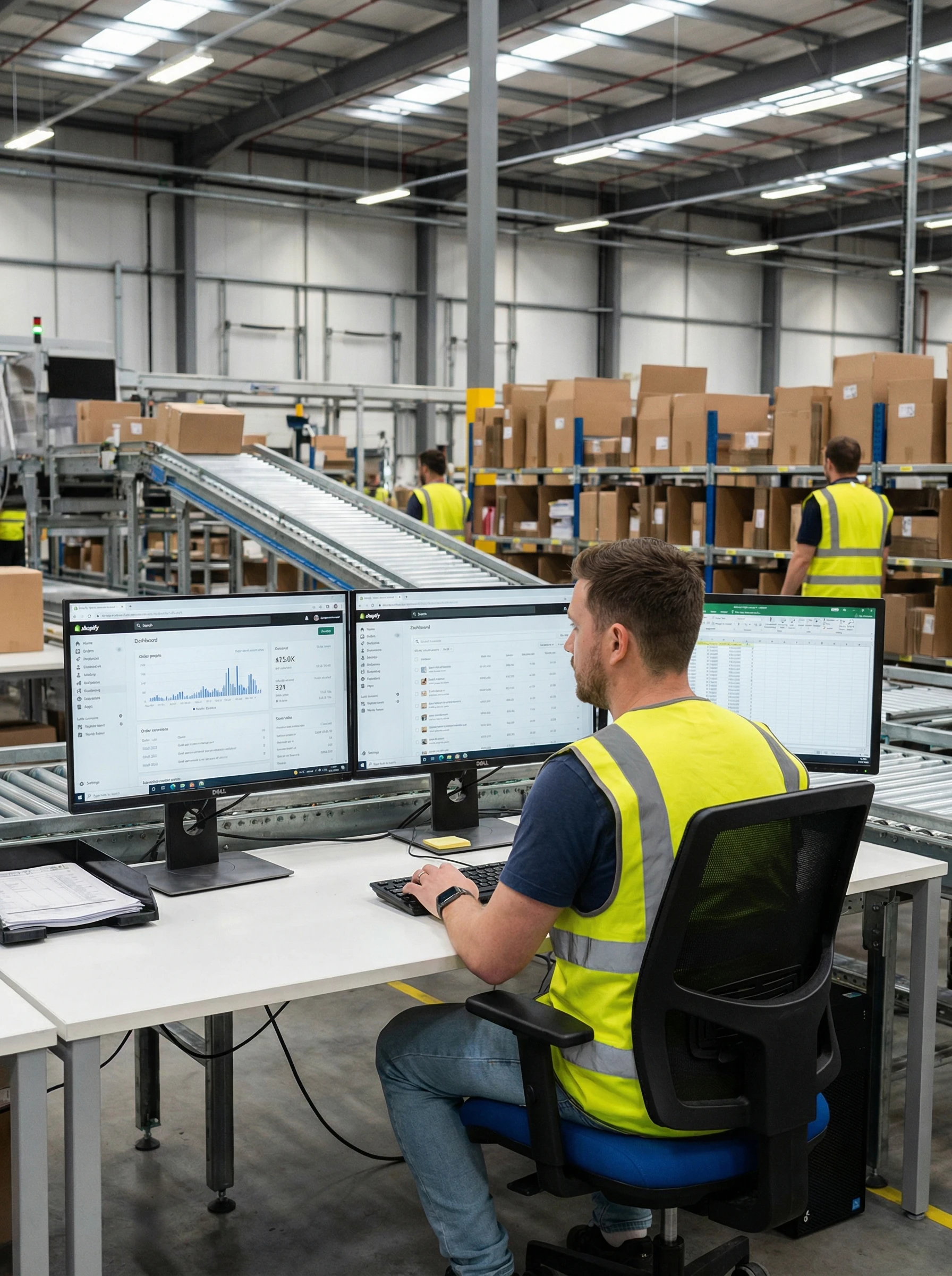 Warehouse worker at computer reviewing e-commerce orders on multiple screens