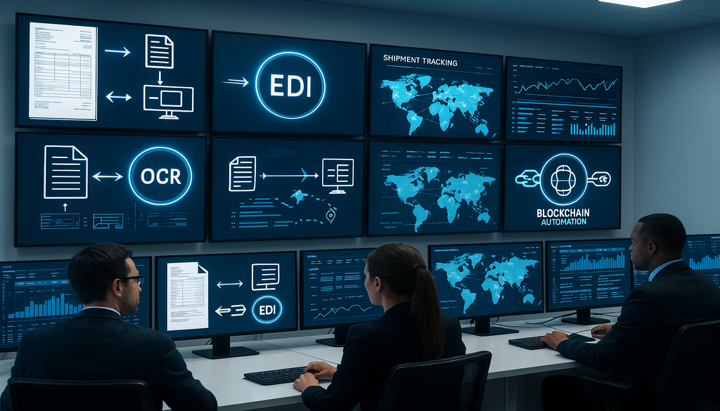 Business analysts monitoring global trade data on digital screens showing EDI and OCR systems