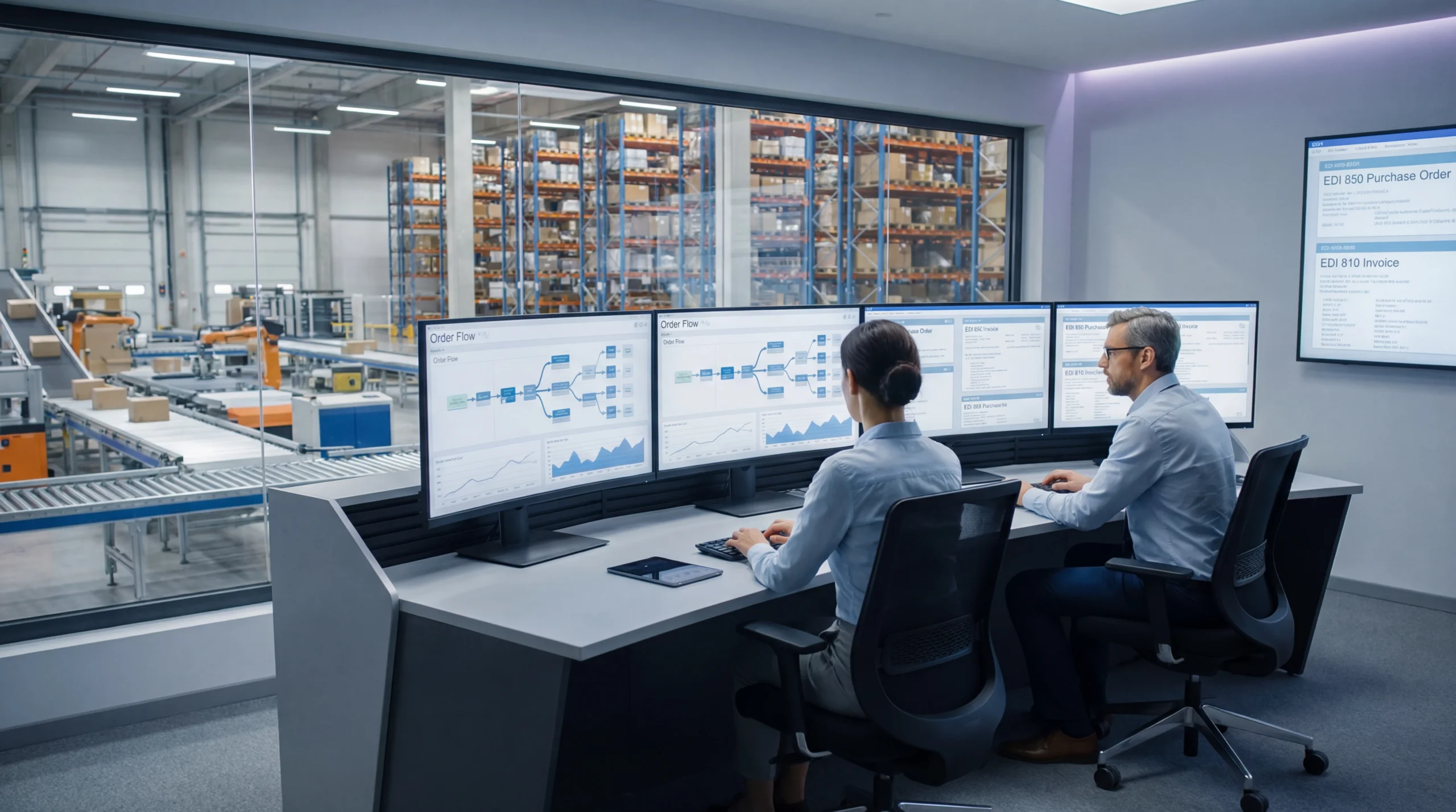 Modern warehouse control room with monitors showing EDI documents and order flows