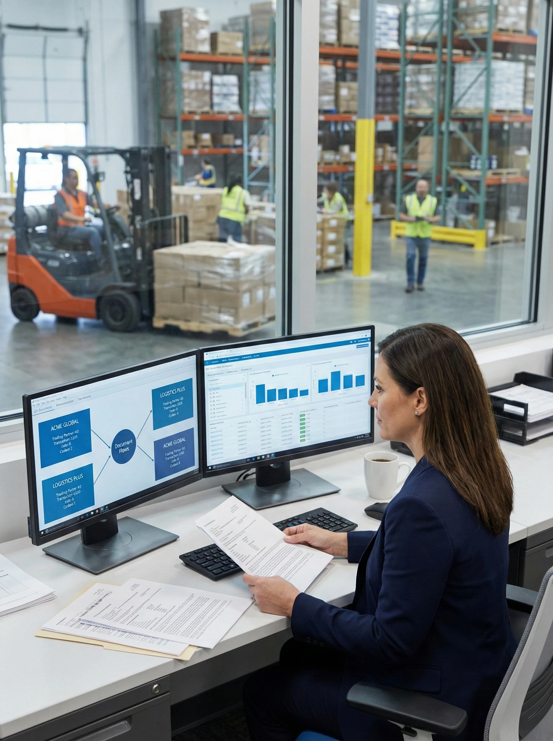 Supply chain manager reviewing EDI document flow on screen
