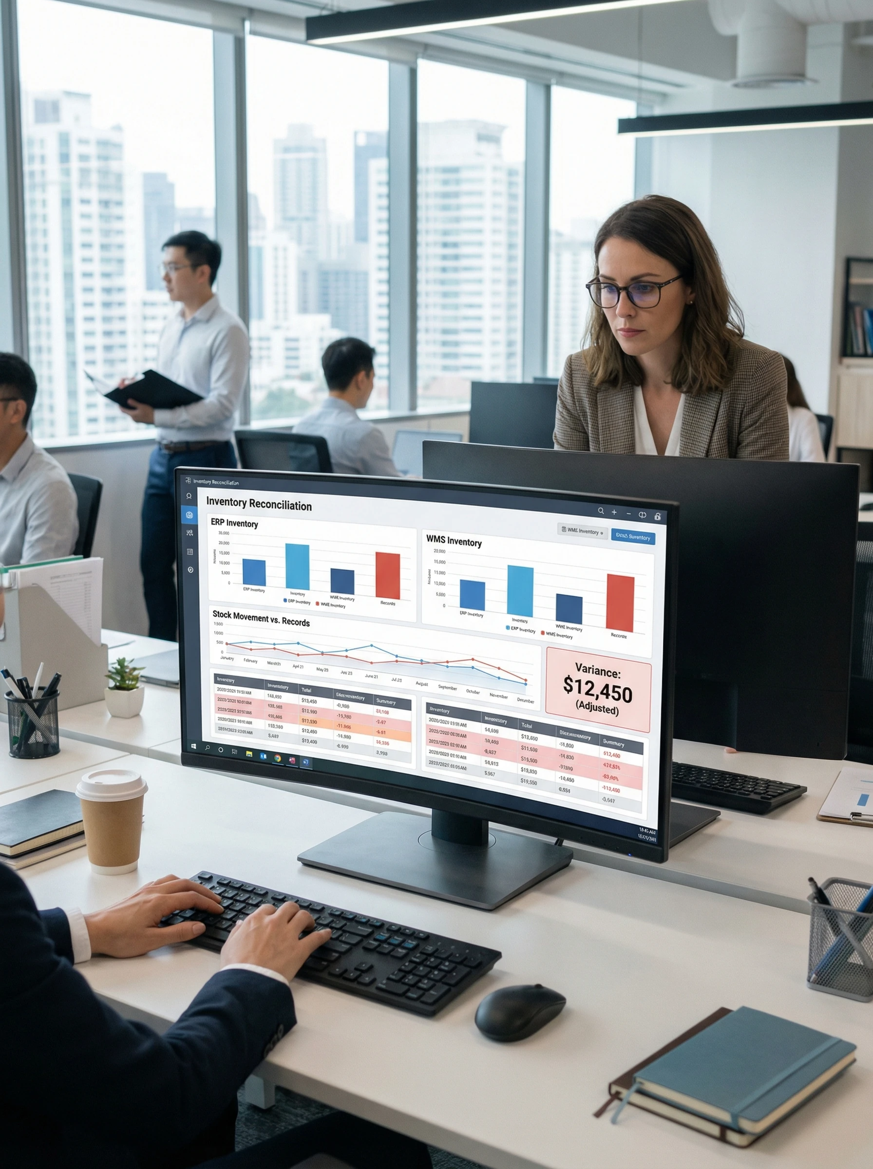 Business analyst reviewing inventory reconciliation between ERP and WMS