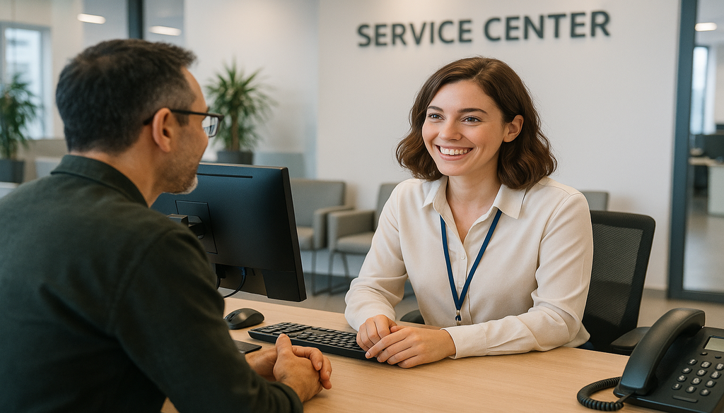 Smiling customer service representative helping customer at service center desk