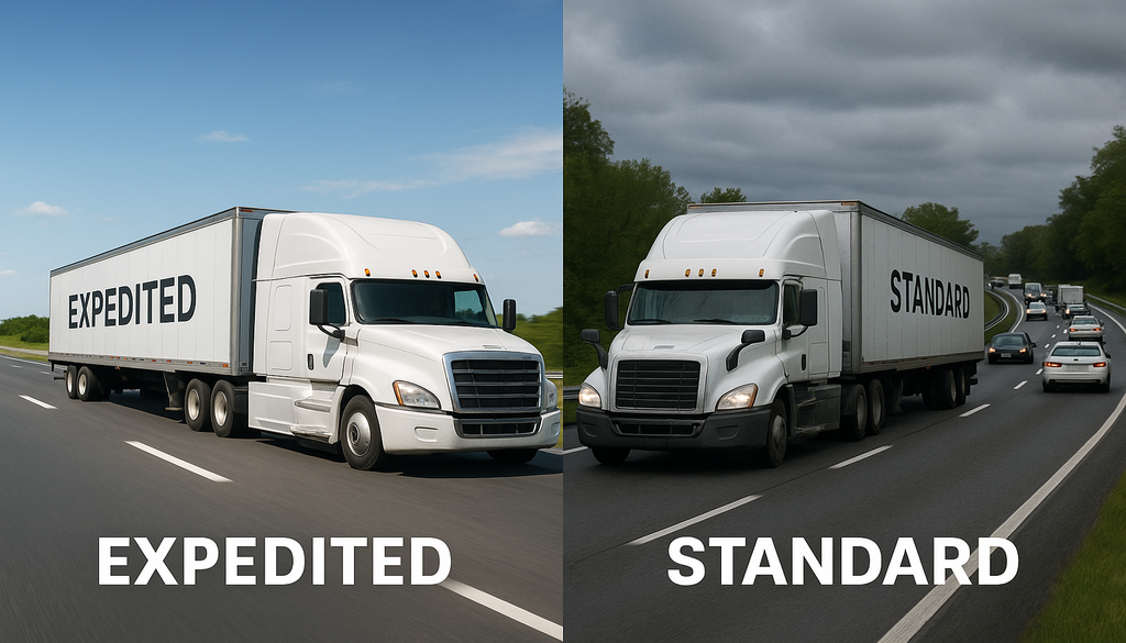 Two white semi-trucks showing expedited versus standard shipping delivery methods on highway
