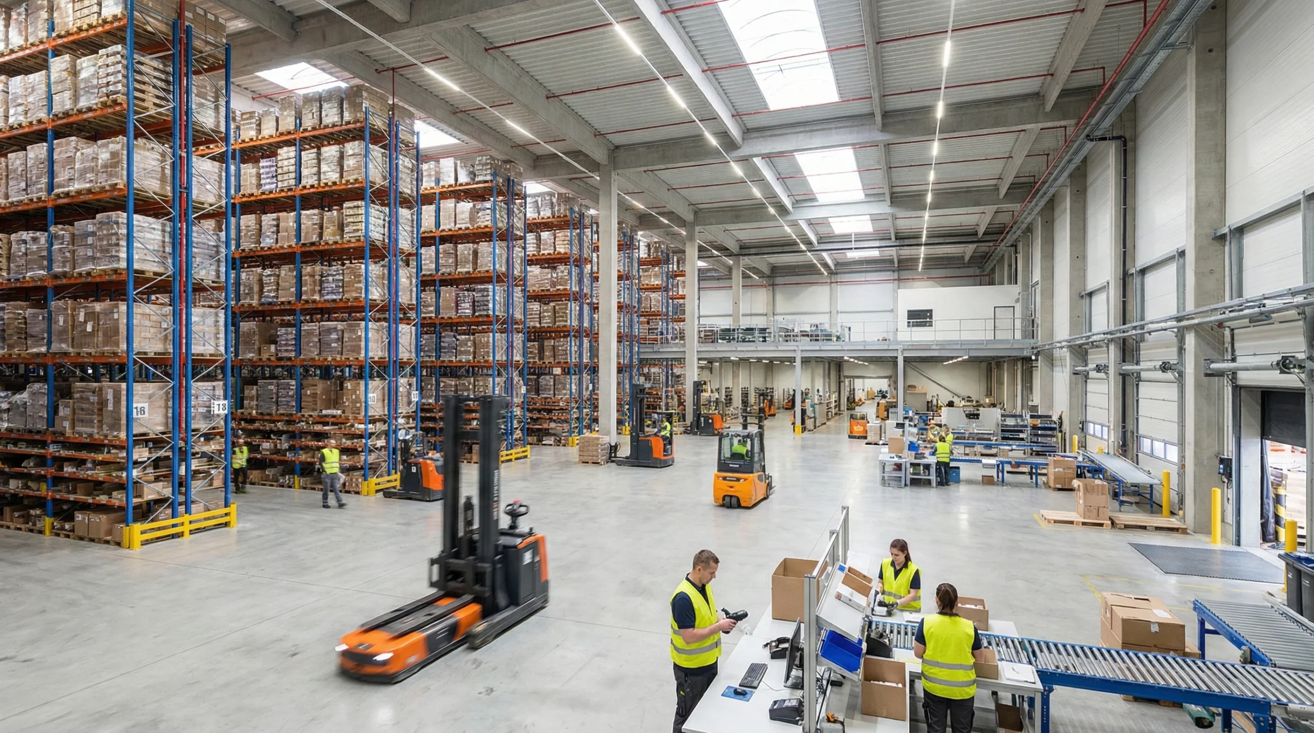 Large 3PL warehouse with forklifts, high storage racks, and workers managing inventory operations