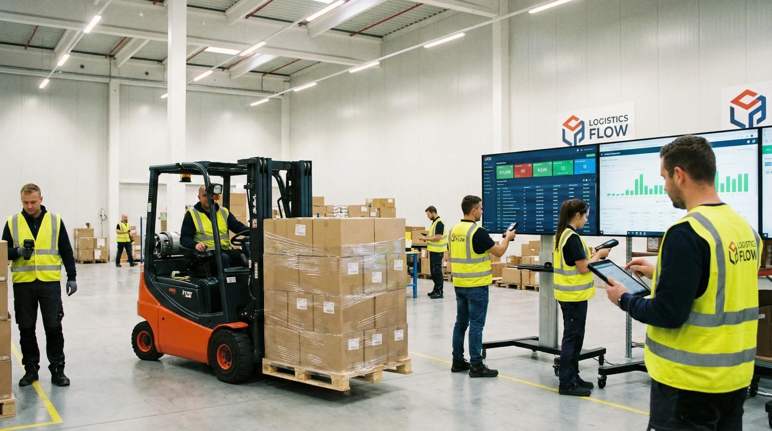 Warehouse workers managing inventory with forklift, boxes, and digital tracking systems