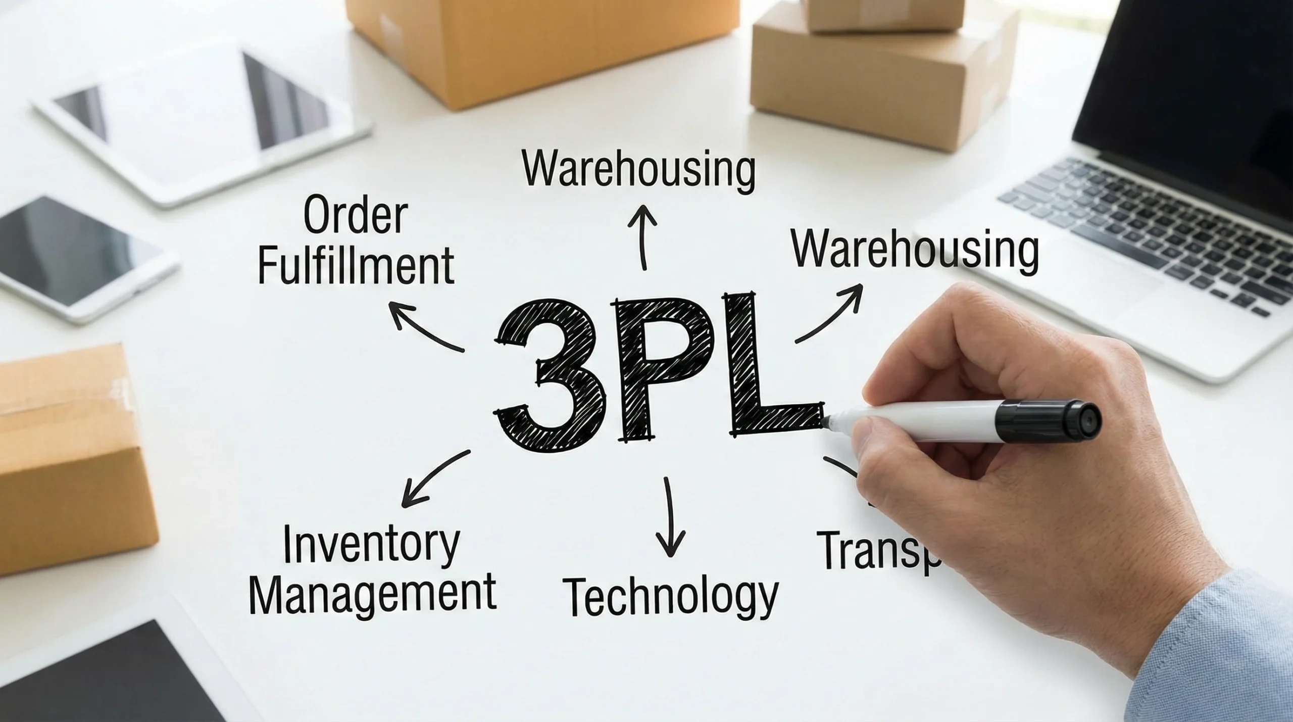 Hand drawing "3PL" with black marker, representing third-party logistics best practices
