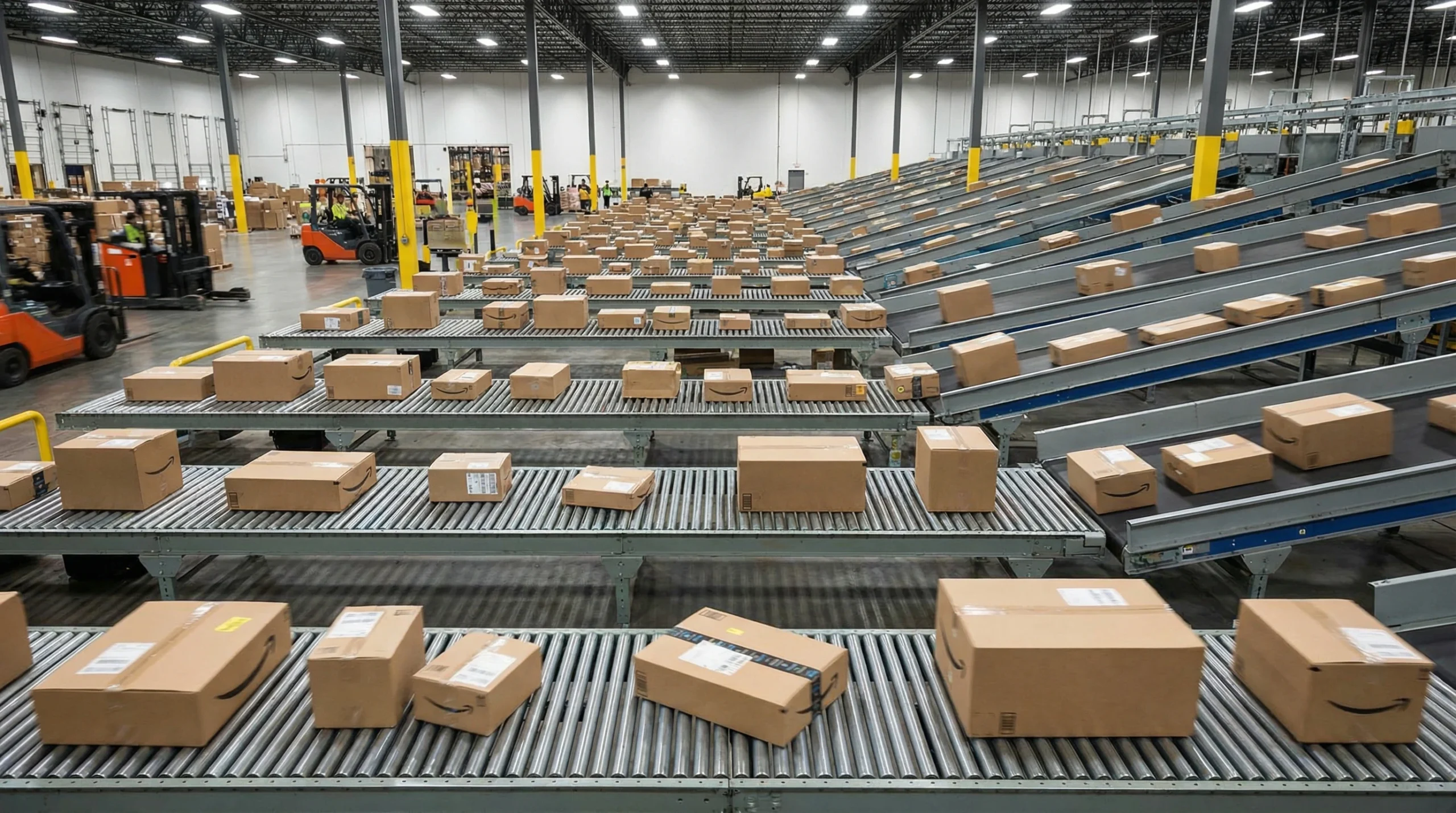 Cardboard packages moving on warehouse conveyor system during peak shipping season